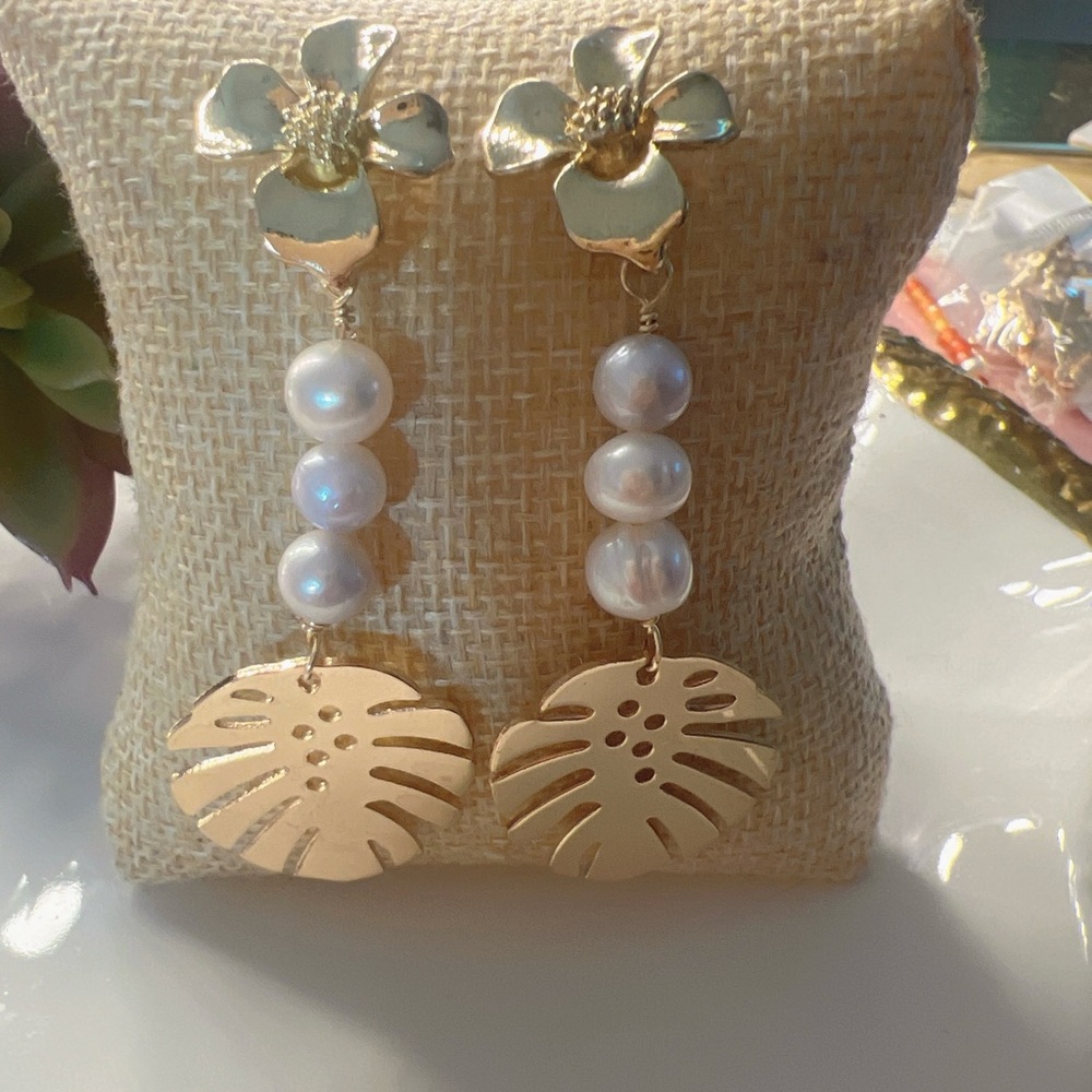 Gold Floral Pearl Drop Earrings